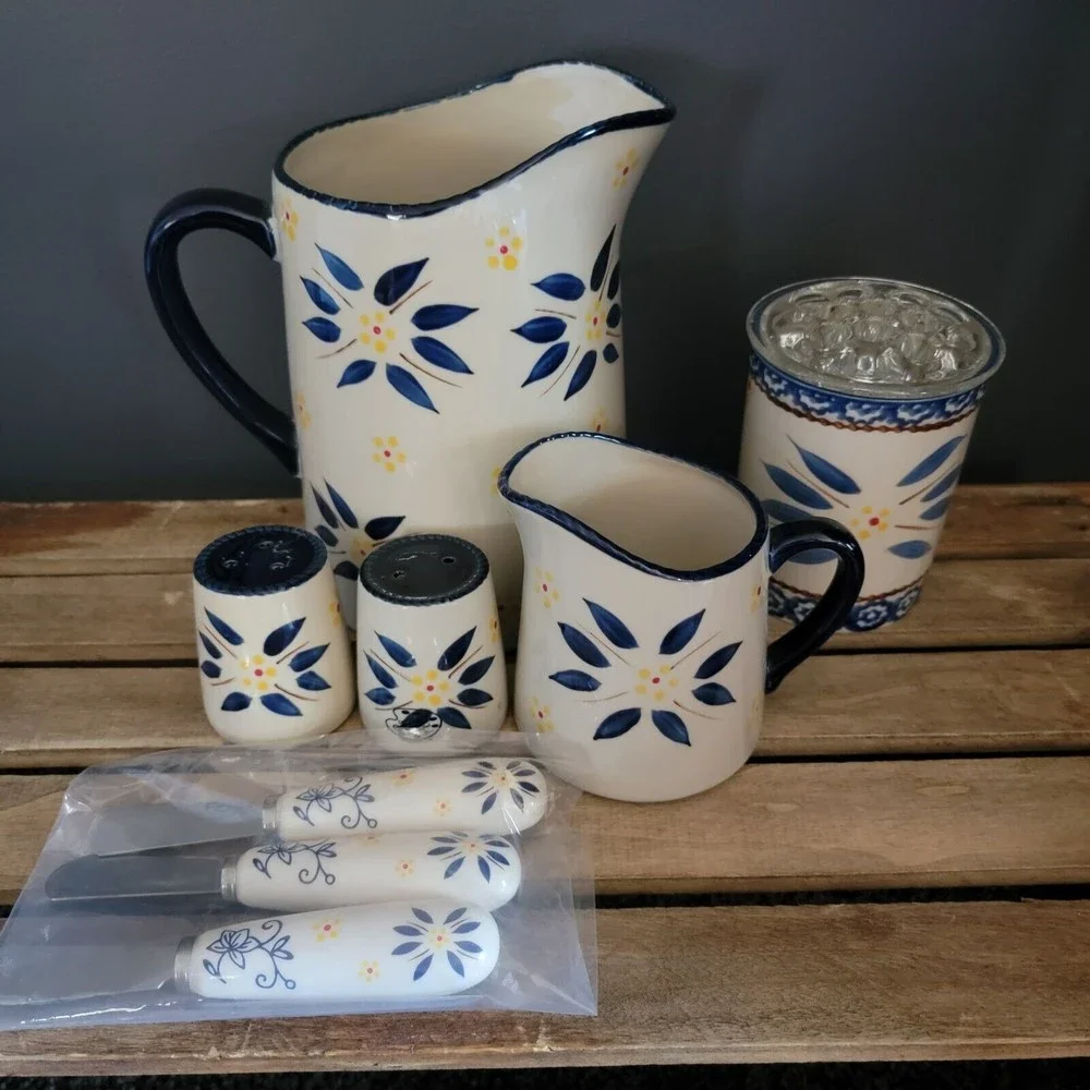 Temptation‎ Old World Pitcher Salt Pepper Creamer Spreader Garlic Keeper Flower